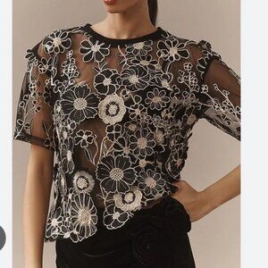 NWOT ANTHROPOLOGIE DOLAN Black Sheer Floral Appliqué Blouse
